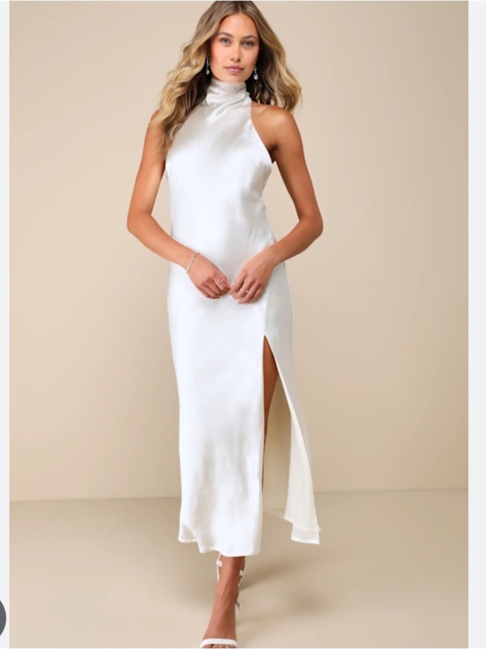 Lulu's White Satin High-Neck Halter Midi Dress with Side Slit